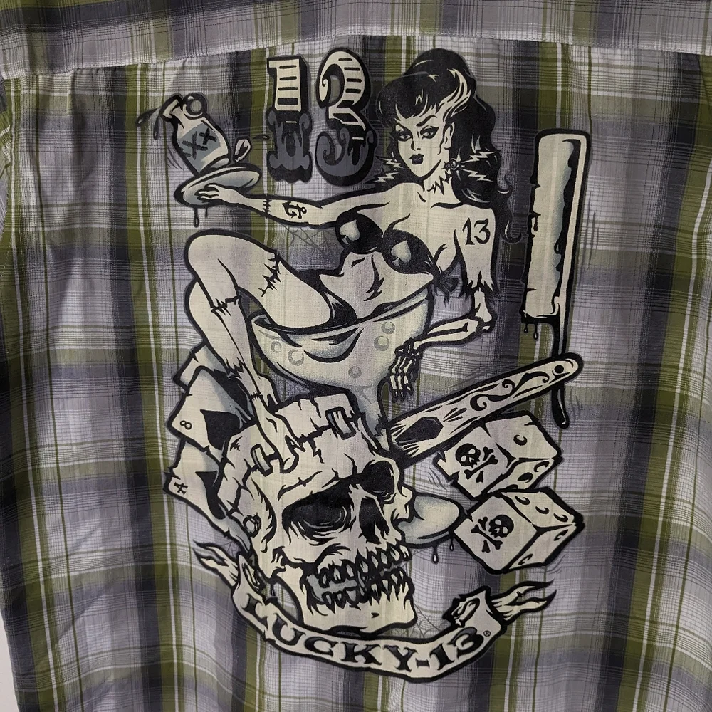 Lucky 13 zombie tiki button up shirt plaid green rockabilly retro pin up M L - Picture 8 of 12